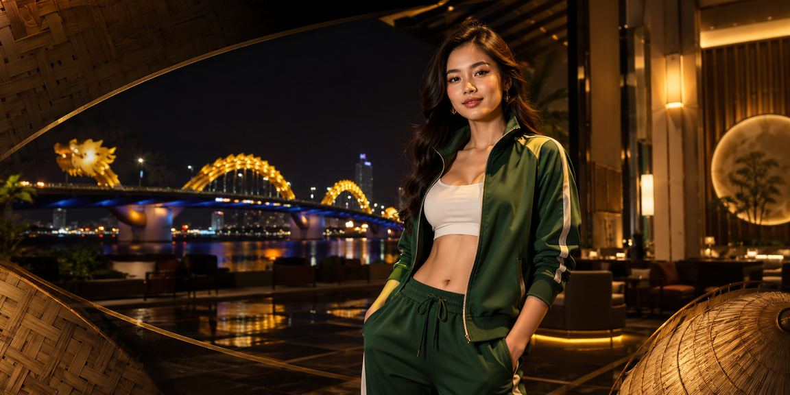 Cảnh Đà Nẵng với người dùng đội nón lá nhận bonus VIP qua điện thoại tại bãi biển