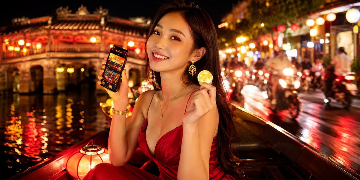 Người dùng chơi casino trực tuyến trên điện thoại tại chợ đêm Hội An