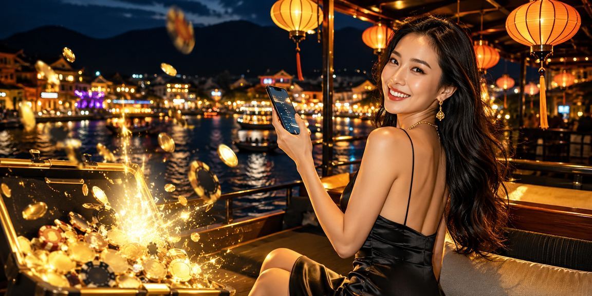 Người dùng tại Hội An xem khuyến mãi casino trên điện thoại ở chợ đêm